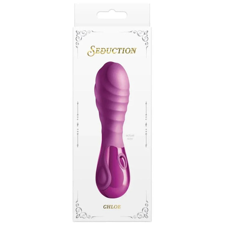 NS Novelties Seduction Chloe Rippled Silicone Clitoral Multispeed Vibrator packaging on a white background
