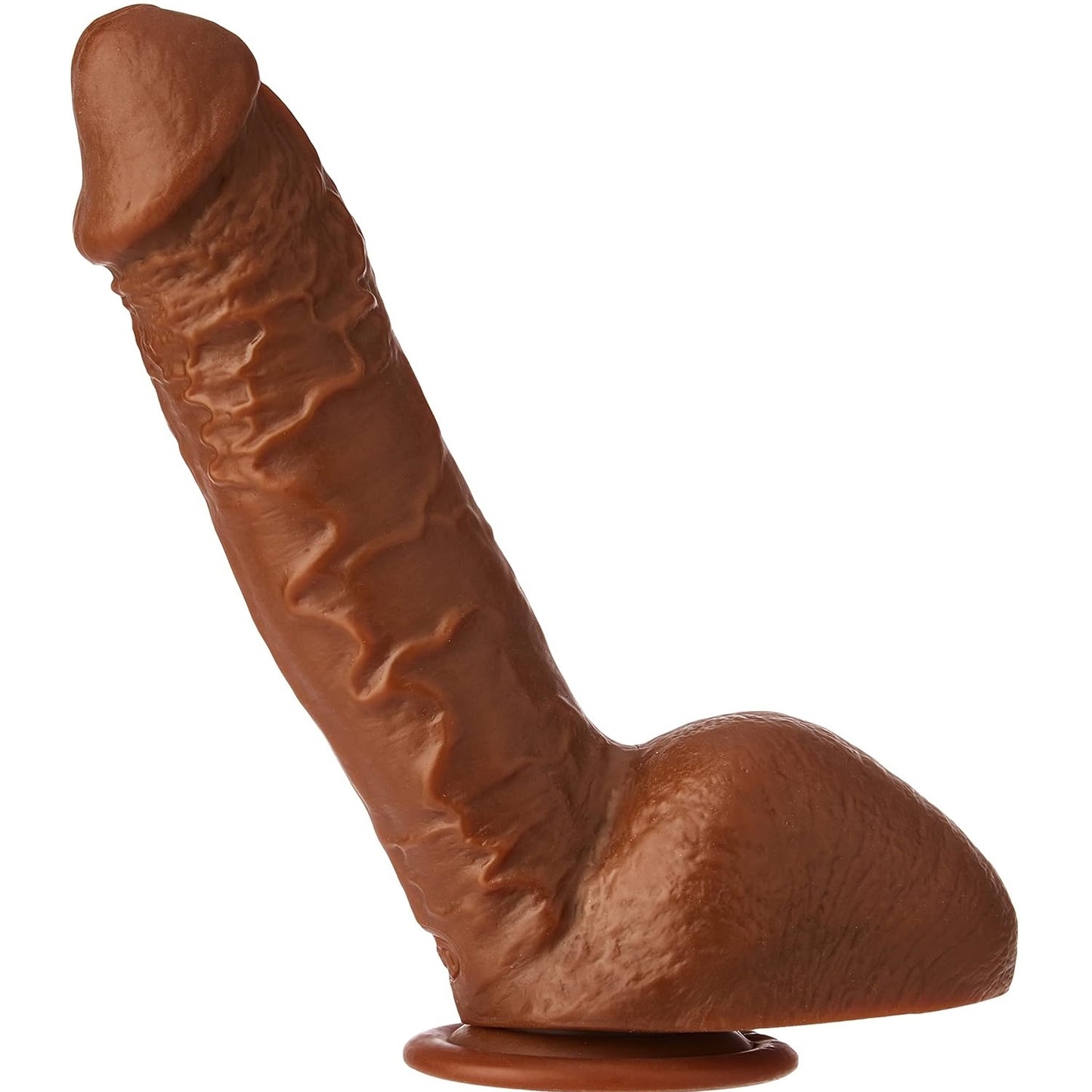 Brown silicone dildo shaft with suction cup on a white background