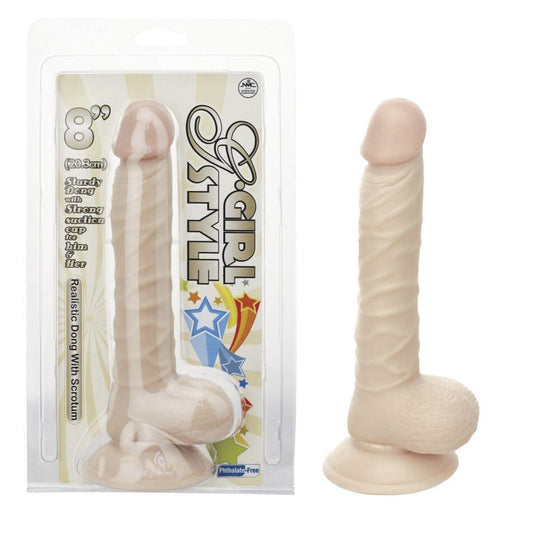 Realistic dong with scrotum sex toy next to its packaging on a white background