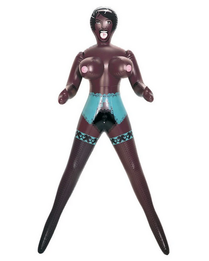 Sex Toy figure with a dark brown skin tone and teal outfit on a white background