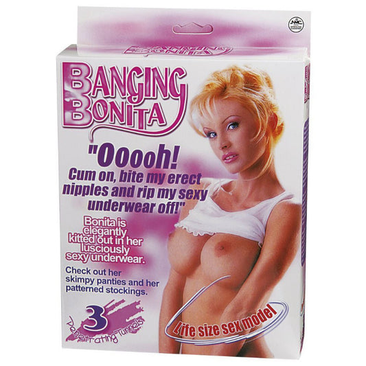 Product packaging for 'Banging Bonita' with a model and promotional text.