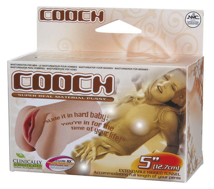 Product packaging for 'Cooch' with a stylized depiction of a person and product on a beige background.