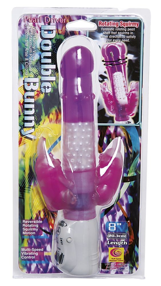 Purple and white double bunny vibrator in packaging with colorful background