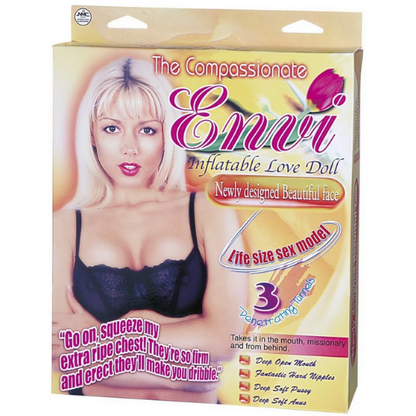 Package of 'The Compassionate Envi' inflatable love doll with a model on the front.