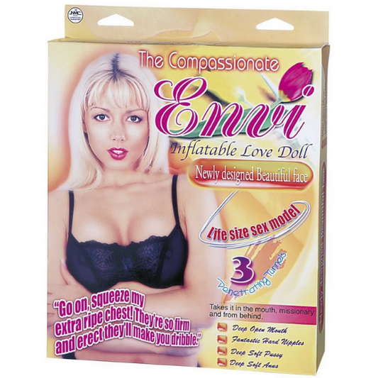 Package of 'The Compassionate Envi' inflatable love doll with a model on the front.