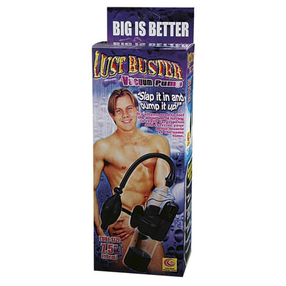 Lust Buster vacuum pump packaging with a man using the pump on a white background