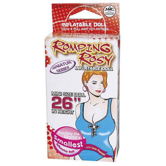 Boxed inflatable sex doll with 'Romping Rosy' branding on a white background