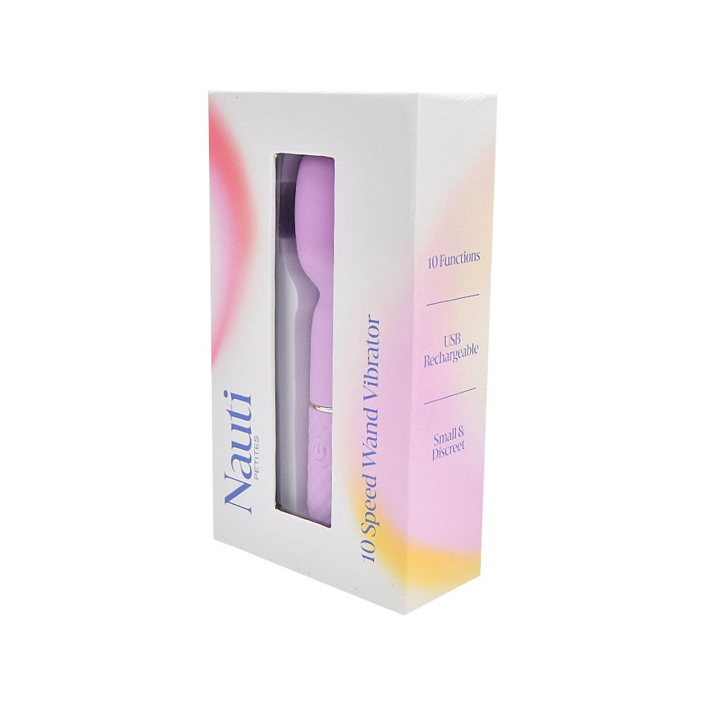 Pink 10 speed wand vibrator in packaging with 'Nauti' branding on a white background