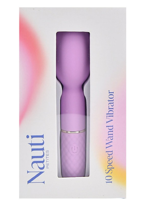 10-speed wand vibrator with 'Nauti' branding on a colorful box background