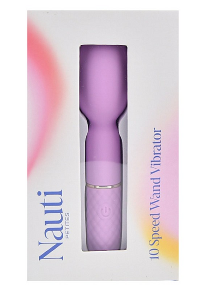 10-speed wand vibrator with 'Nauti' branding on a colorful box background
