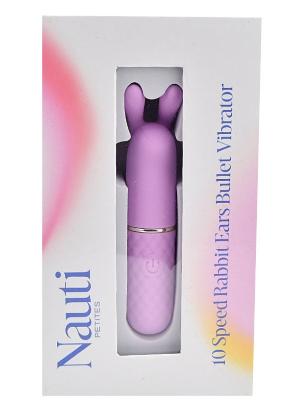 Purple rabbit-shaped vibrator in a box with 'Nauti Petites' branding on a white background.
