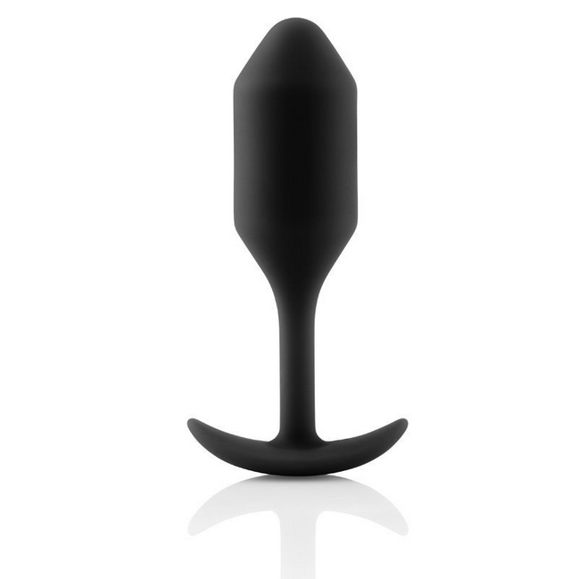 Black silicone butt plug on a white background