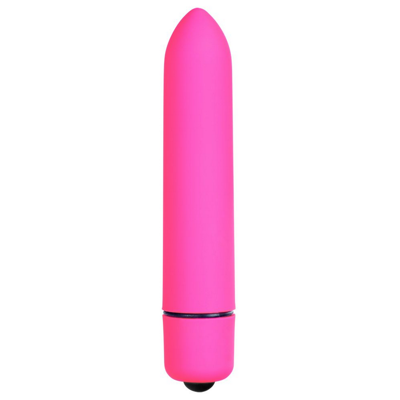 Pink cylindrical bullet vibrator on a white background