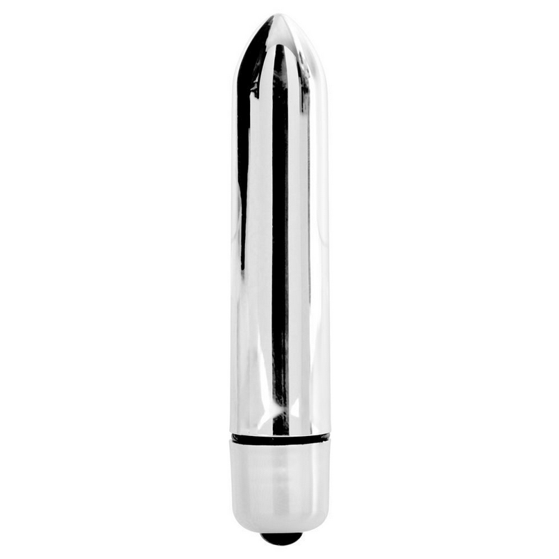 Metallic cylindrical bullet vibrator on a white background
