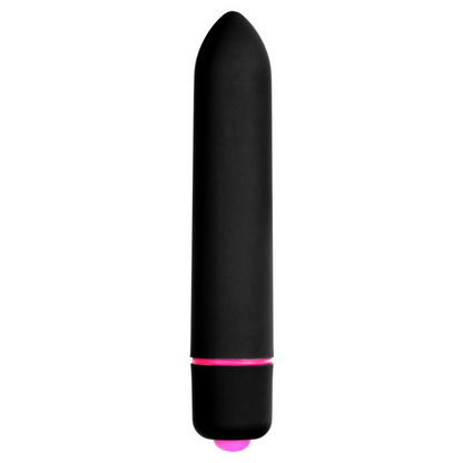 Black and pink cylindrical bullet vibrator on a white background