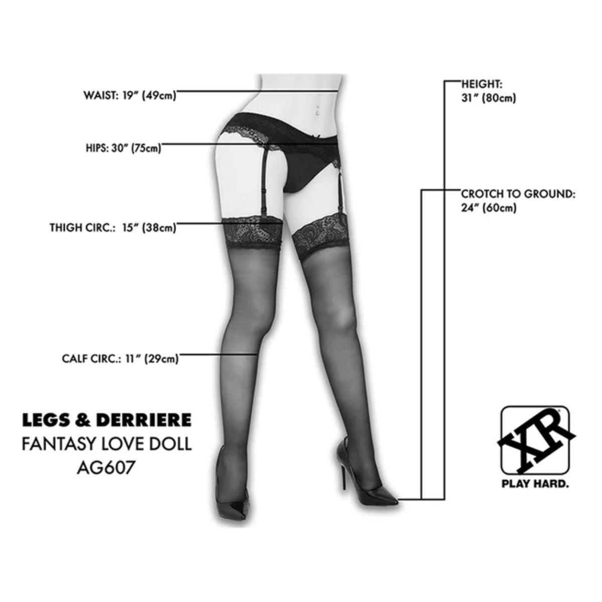 Measurement chart of a black lace pantyhose with text labels on a white background.
