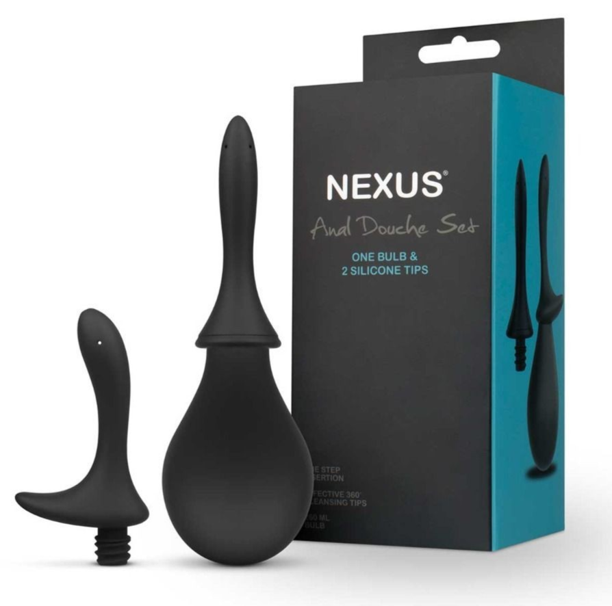 Black anal douche set with two silicone tips and packaging labeled 'Nexus' on a white background.
