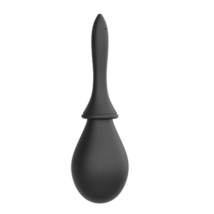 Black silicone bulb douche with a long stem on a white background
