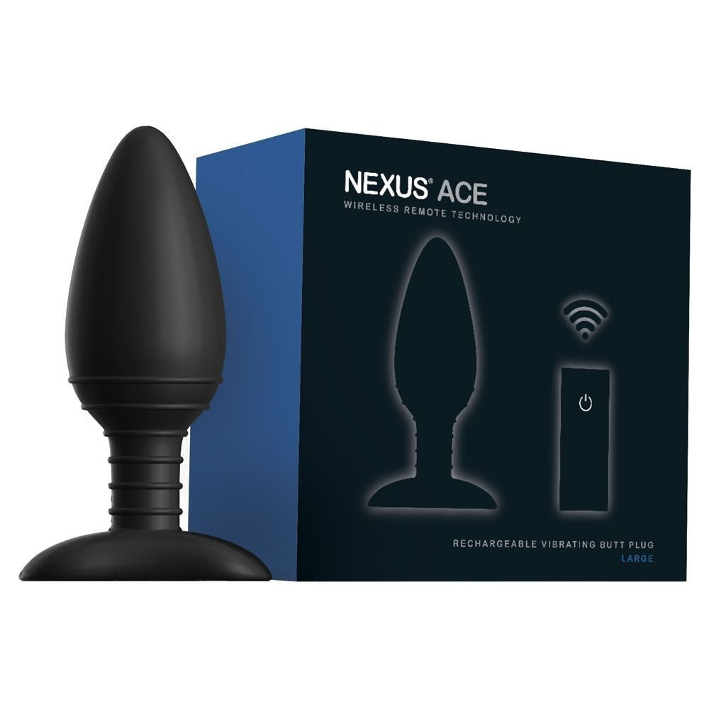 Black rechargeable vibrating butt plug with Nexus Ace packaging on a white background