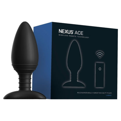 Black rechargeable vibrating butt plug with Nexus Ace packaging on a white background