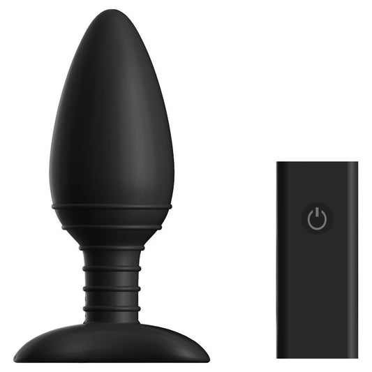 Black silicone butt plug with remote control on a white background