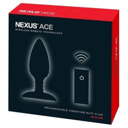 Nexus Ace rechargeable vibrating butt plug packaging with wireless remote on a black and red box.