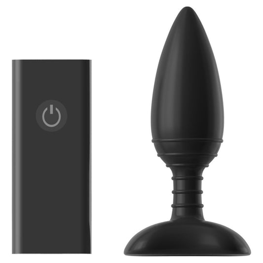 Black electronic anal plug with a power symbol on a white background
