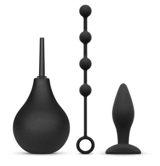 Set of three black silicone products on a white background