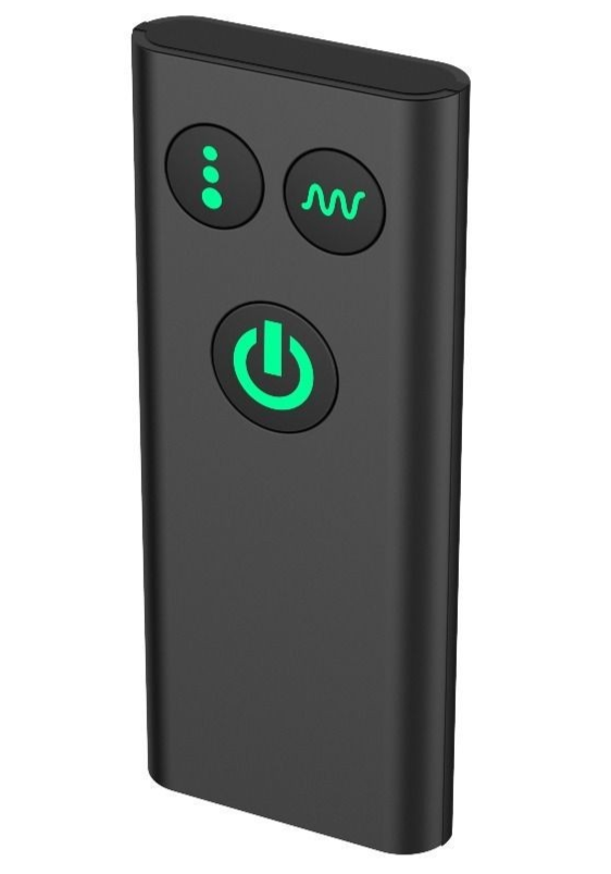 Black electronic device with green power symbol on a white background