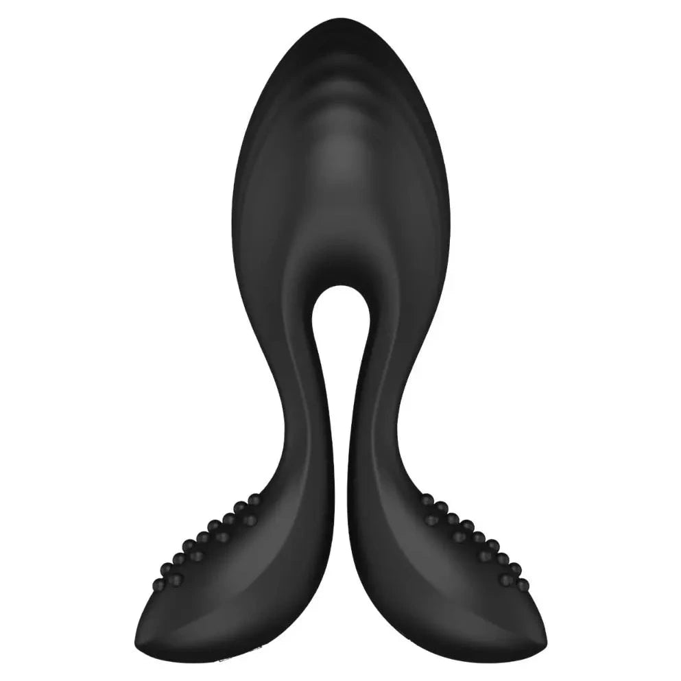 A black silicone dual-stimulation personal massager with a curved, S-shaped body and textured, nipple-like ends, shown on a solid white background.
