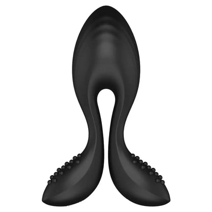 A black silicone dual-stimulation personal massager with a curved, S-shaped body and textured, nipple-like ends, shown on a solid white background.