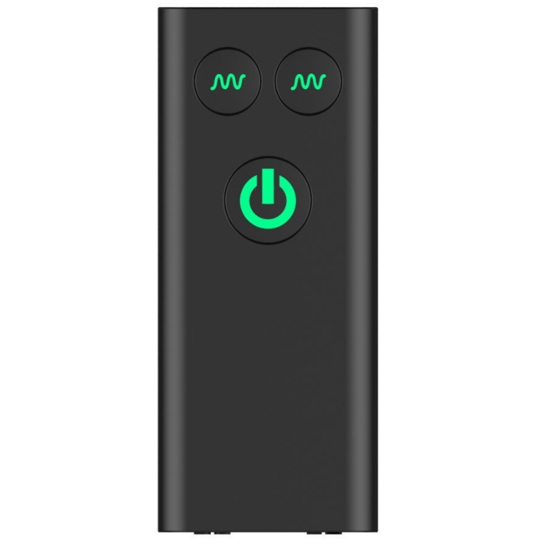Black electronic device with green power symbol on a white background