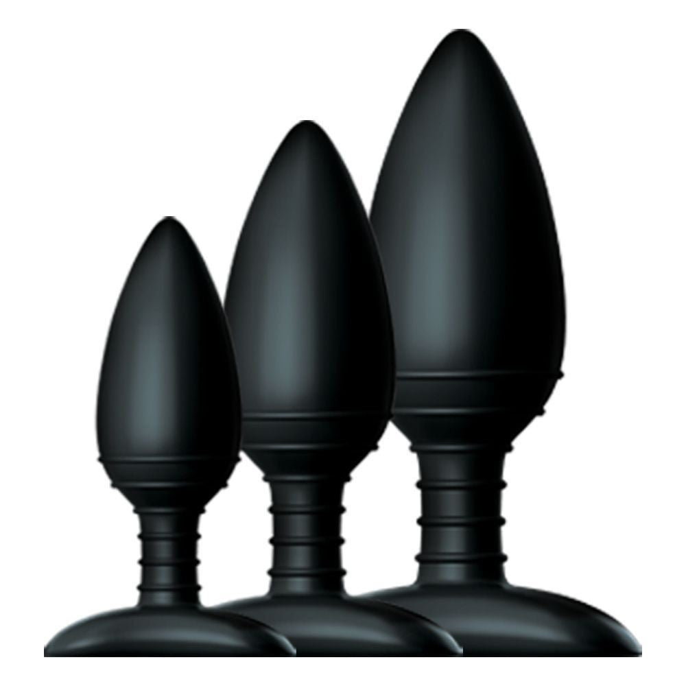 Three black butt plugs of different sizes on a white background