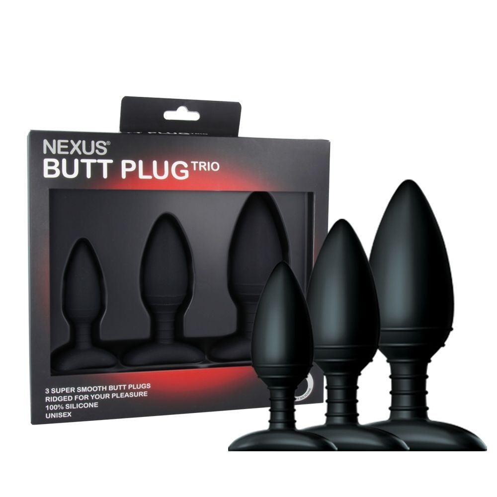 Nexus Butt Plug Trio packaging with three black butt plugs on a white background