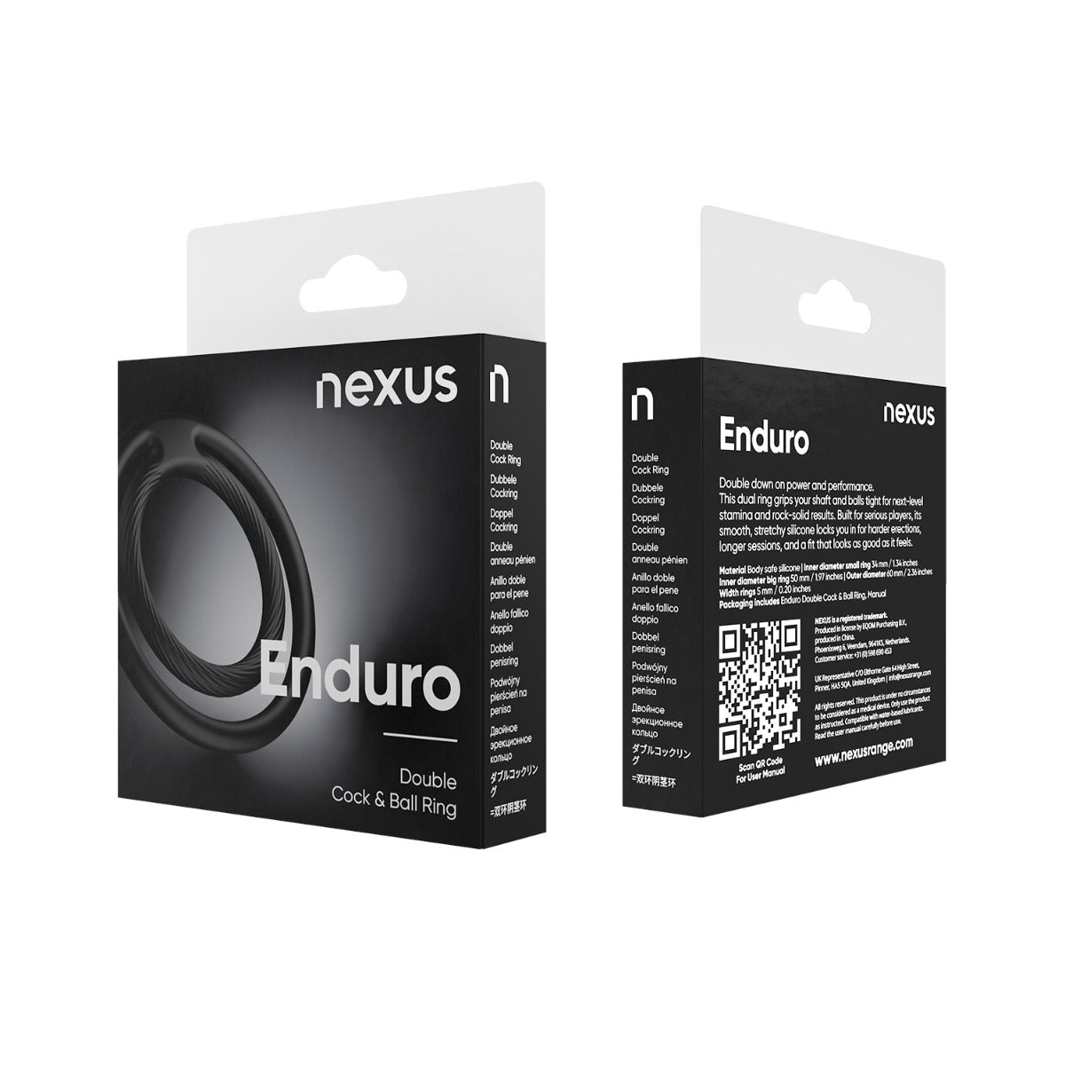Nexus Enduro packaging for a double cock and ball ring on a white background