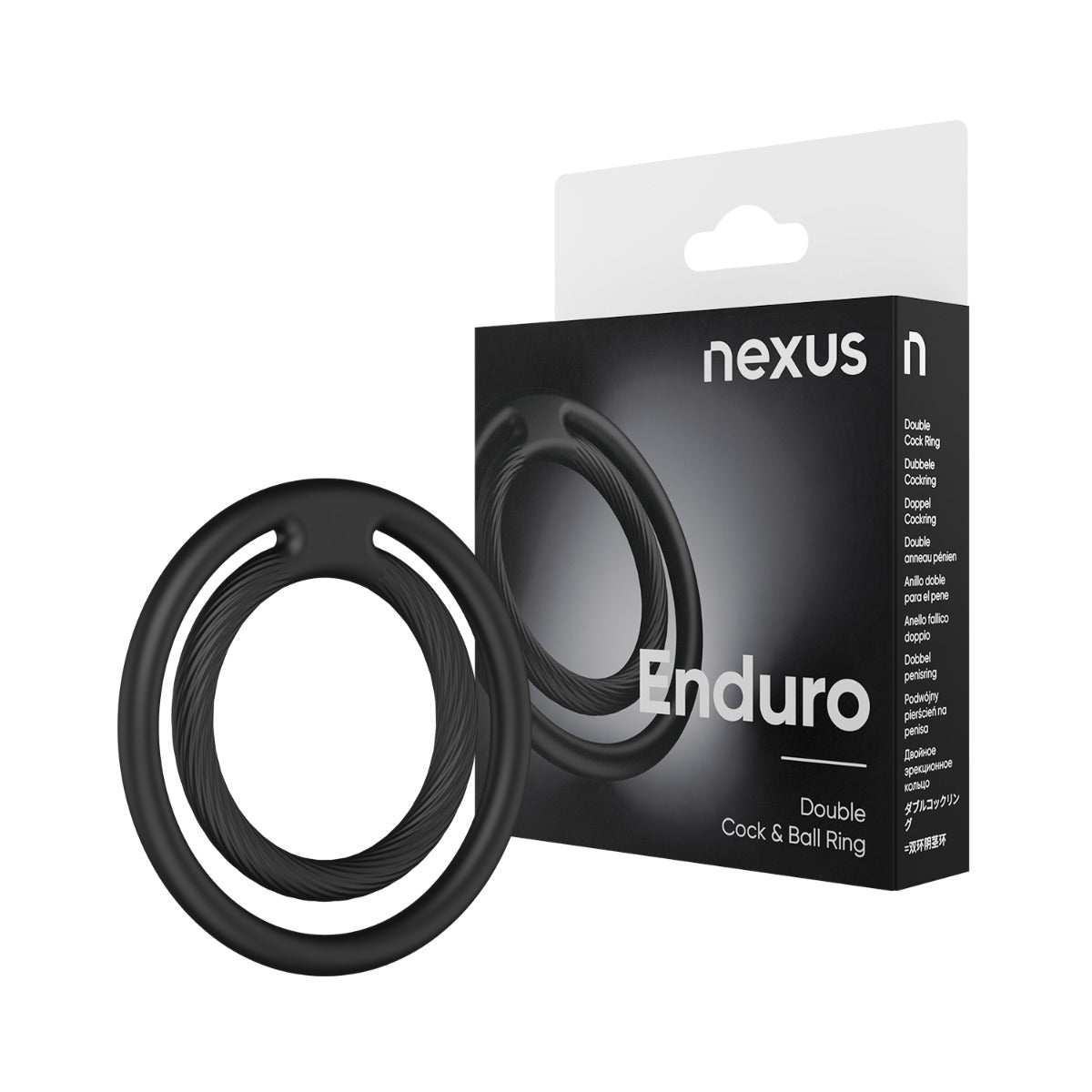 Black double cock ring and packaging box on white background