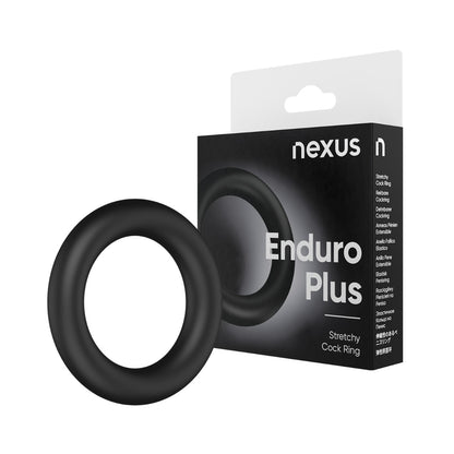Black stretchy cock ring with Nexus Enduro Plus packaging on a white background