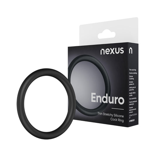A black Nexus Enduro thin stretchy silicone cock ring shown next to its black retail packaging box on a plain white background.