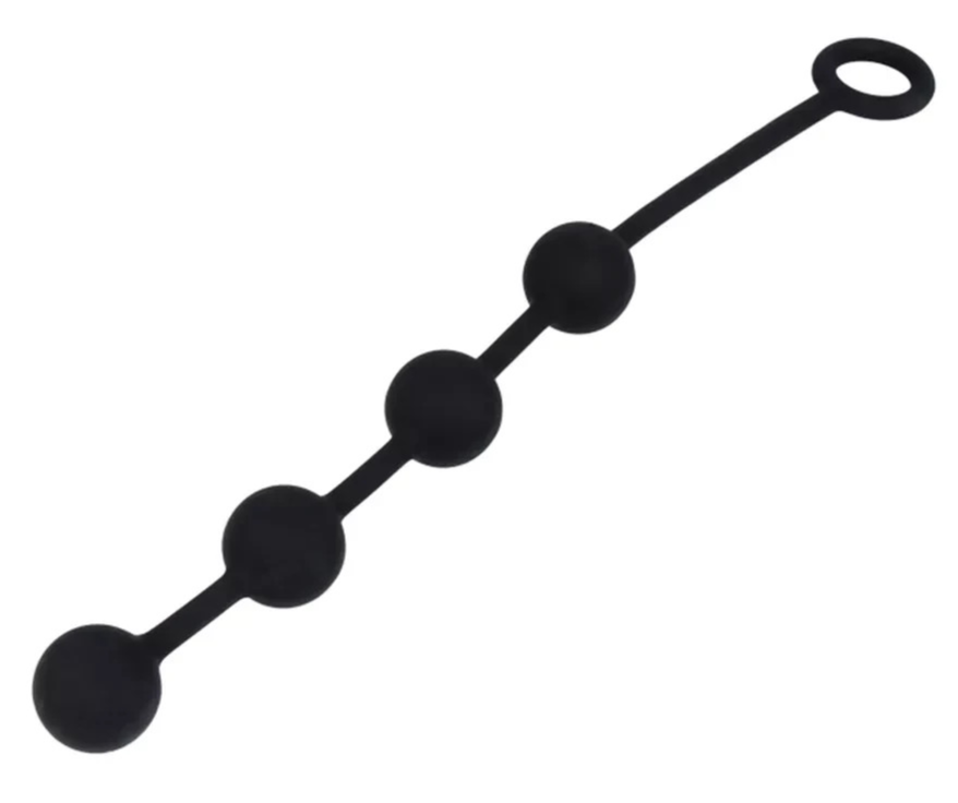 Black silicone anal beads with spherical ends on a white background