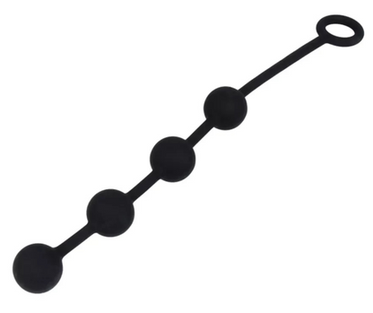 Black silicone anal beads with spherical ends on a white background