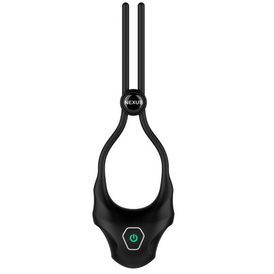 Black electronic cock ring with 'Nexus' branding on a white background
