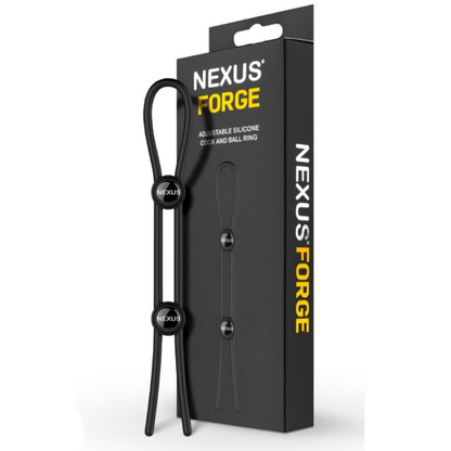 Nexus Forge adjustable silicone cock and ball ring with packaging on a white background