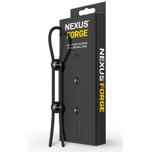 Nexus Forge adjustable silicone cock and ball ring with packaging on a white background