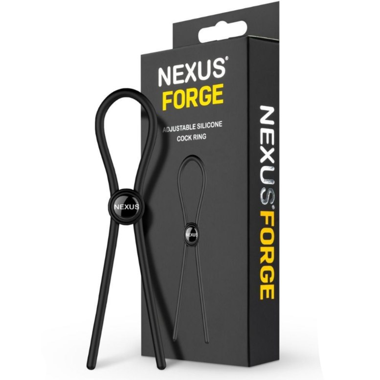 Nexus Forge adjustable silicone cock ring with packaging on a white background