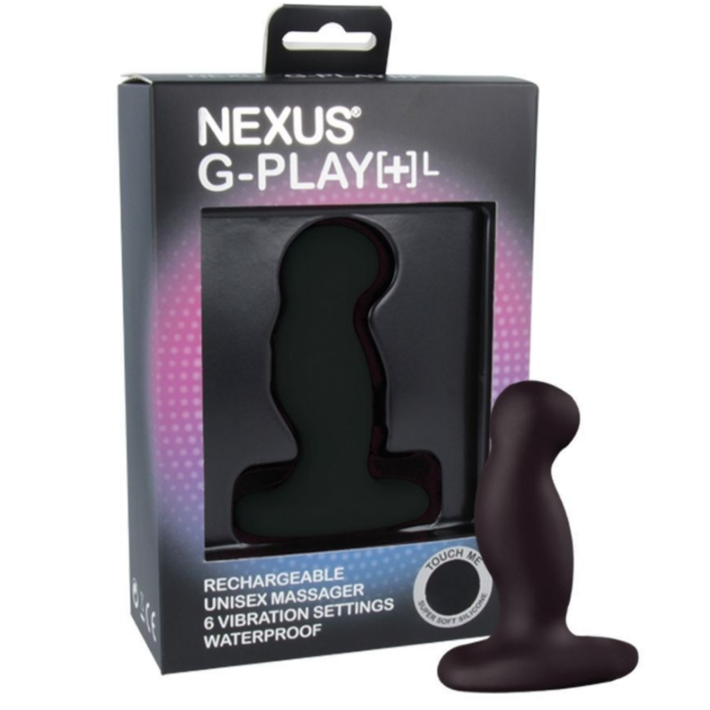 Black Nexus G-Play+L rechargeable unisex massager with packaging on a white background