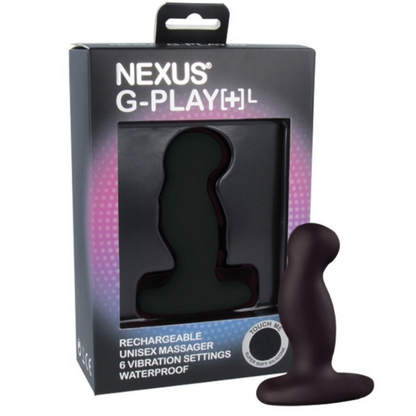 Black Nexus G-Play+L rechargeable unisex massager with packaging on a white background