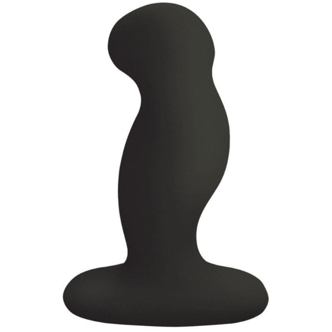 Black silicone butt plug on a white background