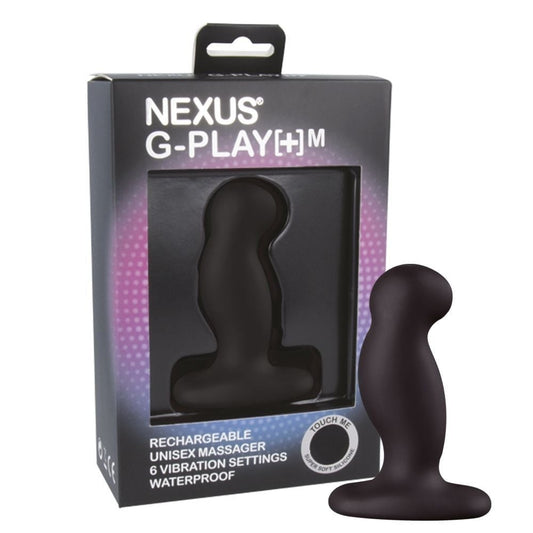 Black Nexus G-Play+M massager with packaging on a white background