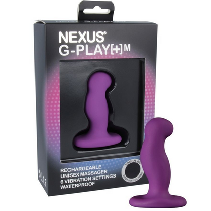 Purple G-play massager with packaging on a white background