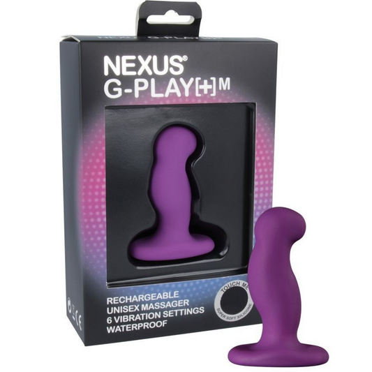 Purple G-play massager with packaging on a white background
